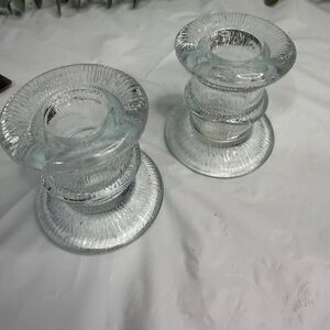Innovation Textured Pair of Clear Glass Candlestick Holders Set